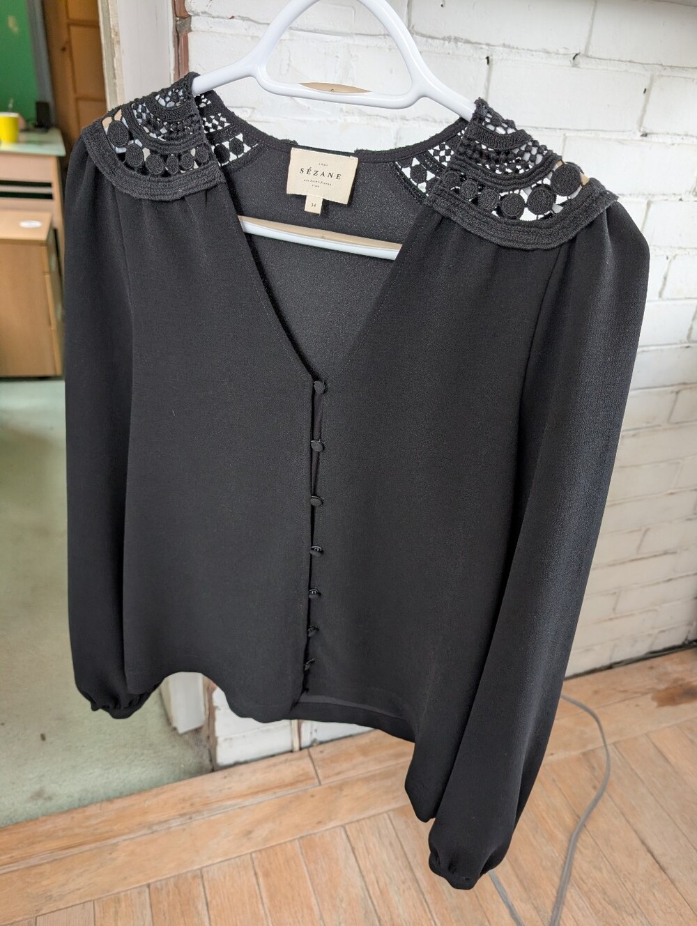 Sezane Black Button Up Blouse With Embroidery Detail (Size 34)